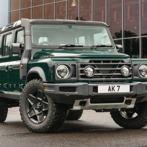 Deep Green Ineos Grenadier Tailored With Front Sump Guard , Front Grille With Light Surrounds and Wheels Tailored By Chelsea Truck Company Designers