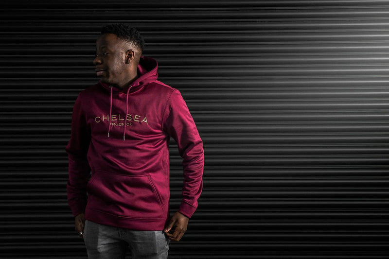 Men's Berry Red with Gold Embroidery Chelsea Truck Co Hoodie - Image 3