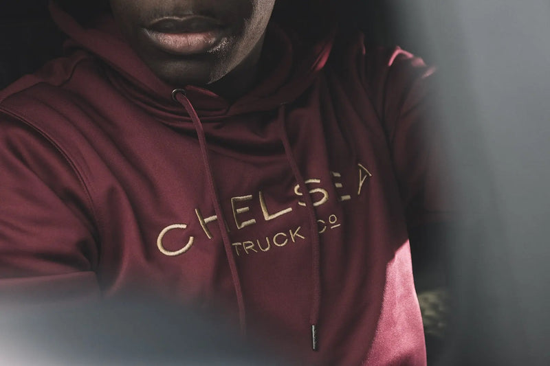 Men's Berry Red with Gold Embroidery Chelsea Truck Co Hoodie - Image 4