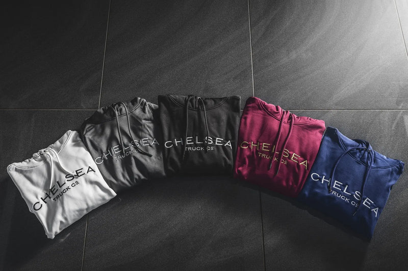 Men's Berry Red with Gold Embroidery Chelsea Truck Co Hoodie - Image 7