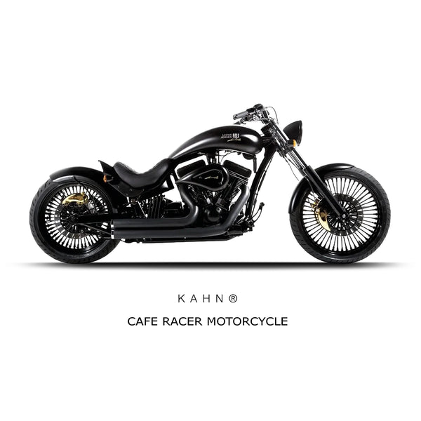 Sleek black custom motorcycle with chrome accents, parked on a dimly lit street against a brick wall, exuding a modern, rugged vibe.