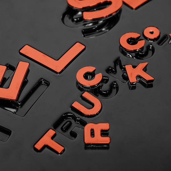 Top Angle Of The Copper Lettering for Chelsea Truck Company Hard Spare Wheel Cover Tailored By Kahn