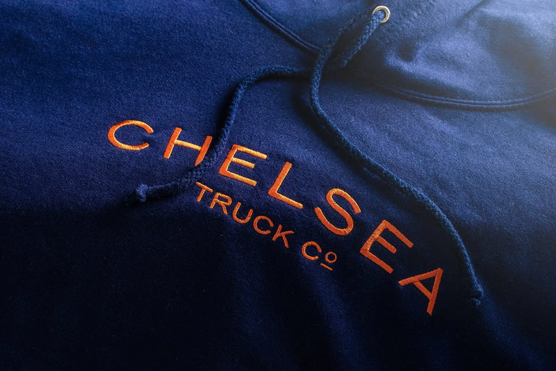 Men's Navy with Burnt Orange Embroidery Chelsea Truck Co Hoodie - Image 2