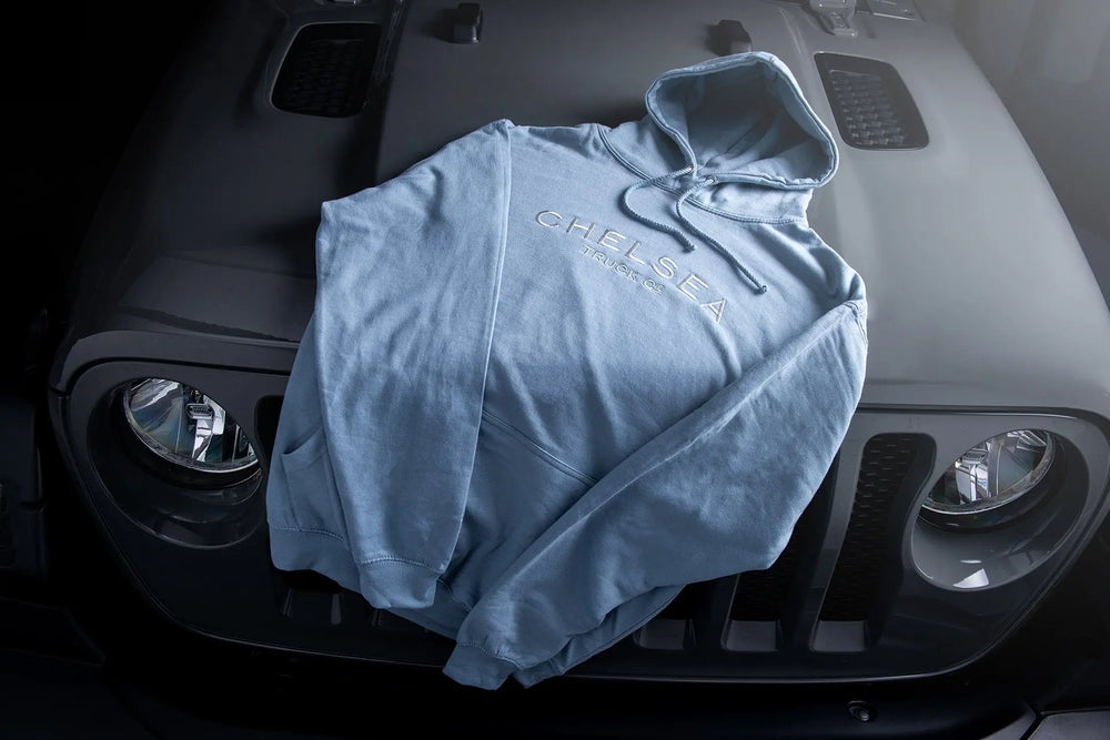 Men's Dusty Blue with White Embroidery Chelsea Truck Co Hoodie