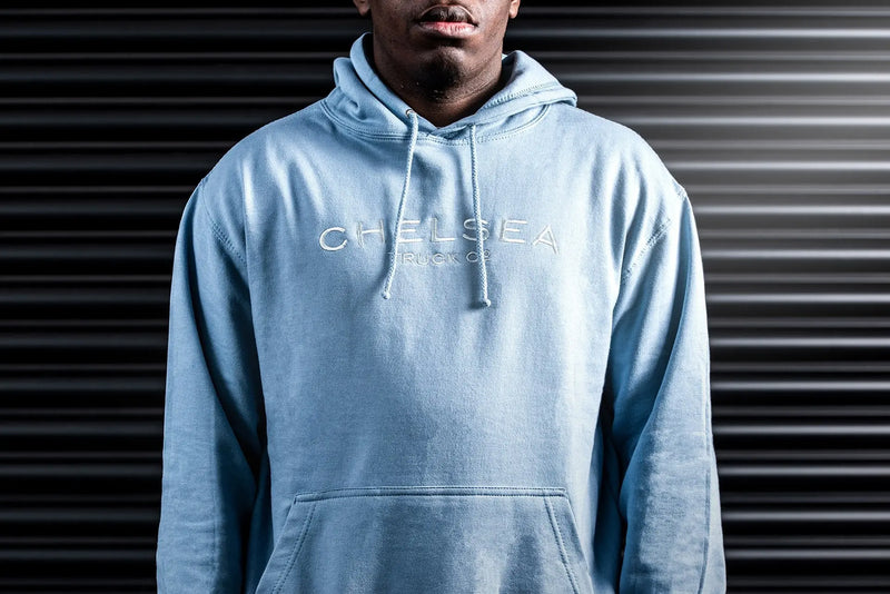 Men's Dusty Blue with White Embroidery Chelsea Truck Co Hoodie - Image 3