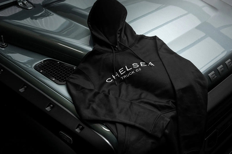 Women's Black with White Embroidery Chelsea Truck Co Hoodie - Image 1