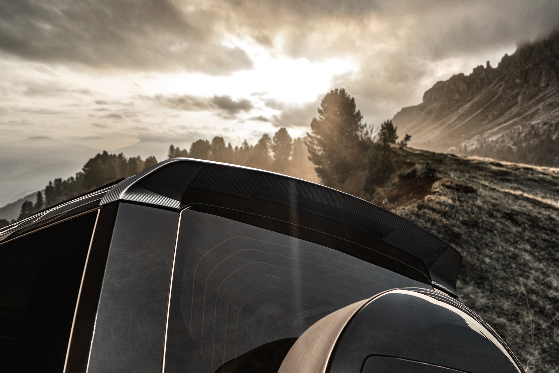 Wider View Of The Defender Exposed Carbon Rear Roof Wing On Sale