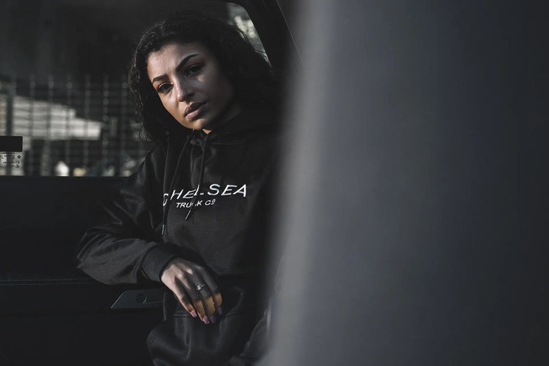 Women's Black with White Embroidery Chelsea Truck Co Hoodie - Image 3