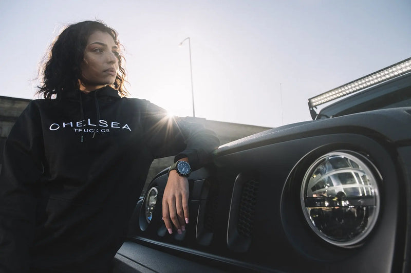 Women's Black with White Embroidery Chelsea Truck Co Hoodie - Image 5